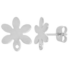 Clous d'Oreilles Acier Inoxydable Fleur avec Fermoir (13 x 11.5 mm) Argent Antique (4 pièces)