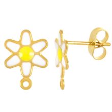 Clous d'Oreilles Acier Inoxydable Émaillée Fleur avec Fermoir (12.5 x 9 mm) White-Or (2 pièces)