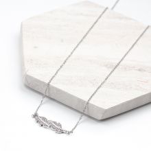 Collier Acier Inoxydable Feuille avec Strass (48 cm) Argent Antique (1 pièce)