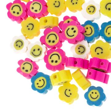 Mélange de Perles en Polymère Fleur avec Smiley (10 x 4.5 mm) Mix Color (50 pièces)