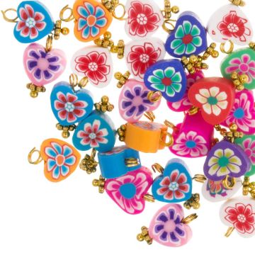Breloque en Polymère Coeur Fleur (14 x 9 x 4.5 mm) Multi Color - Or (25 pièces)