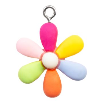 Breloque en Résine Fleur (25 x 21.5 x 6 mm)  Multi Color-Argent Antique (2 pièces)