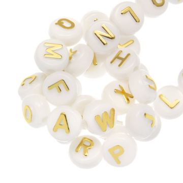 Mélange de Perles Lettres Alphabet Acryliques (10 x 6 mm) White-Gold (100 pièces)