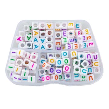Assortiment - Perles Lettres Alphabet Voyelles Grand Trou (6 x 6 mm) White-Mix Color (35 perles par lettre) 