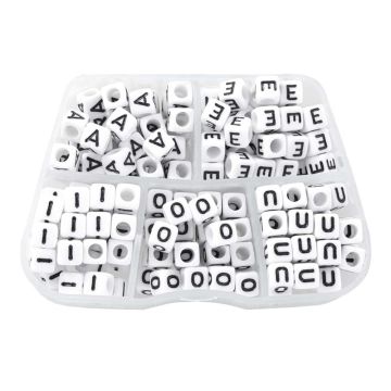Assortiment - Perles Lettres Alphabet Voyelles Grand Trou (6 x 6 mm) White-Black (35 perles par lettre) 