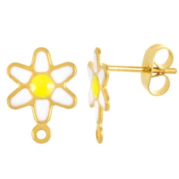 Clous d'Oreilles Acier Inoxydable Émaillée Fleur avec Fermoir (12.5 x 9 mm) White-Or (2 pièces)