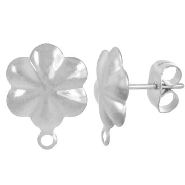 Clous d'Oreilles Acier Inoxydable Fleur avec Fermoir (13.5 x 10 mm) Argent Antique (4 pièces)