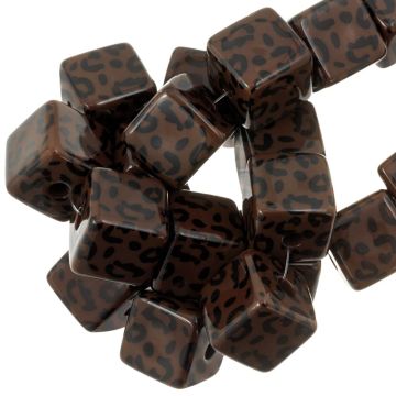 Perles Acryliques Opaque Cube Imprimé Léopard (15 x 15 mm) Dark Brown (5 pièces)