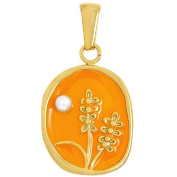 Pendentif Acier Inoxydable Émail Fleurs et Perle (14.5 x 13 x 2.5 mm) Orange - Or (1 pièce)