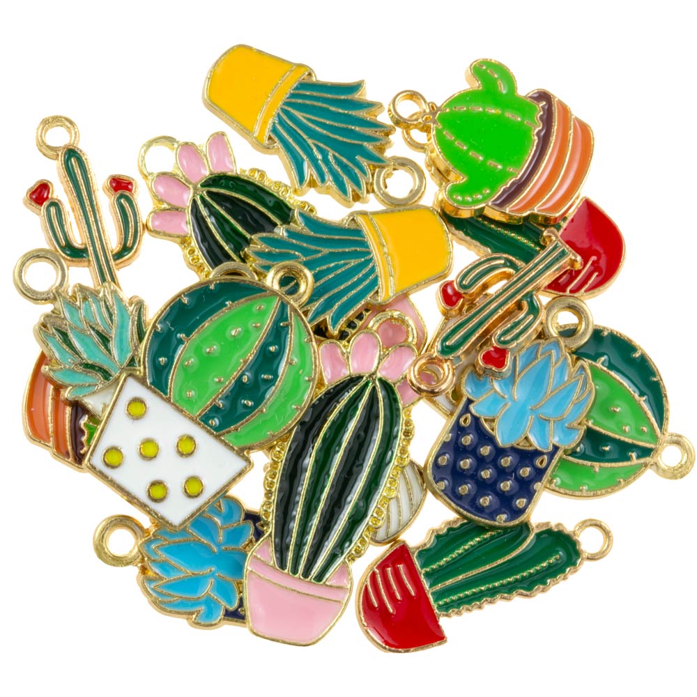 Mélange de Breloques Émaillés Cactus (19 - 25 x 10 - 16 x 1.5 - 2.5 mm) Mix Color (16 pièces)